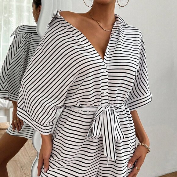 Multicolor Casual Women's Striped Batwing Sleeve Front Button Romper - Picture 4 of 6